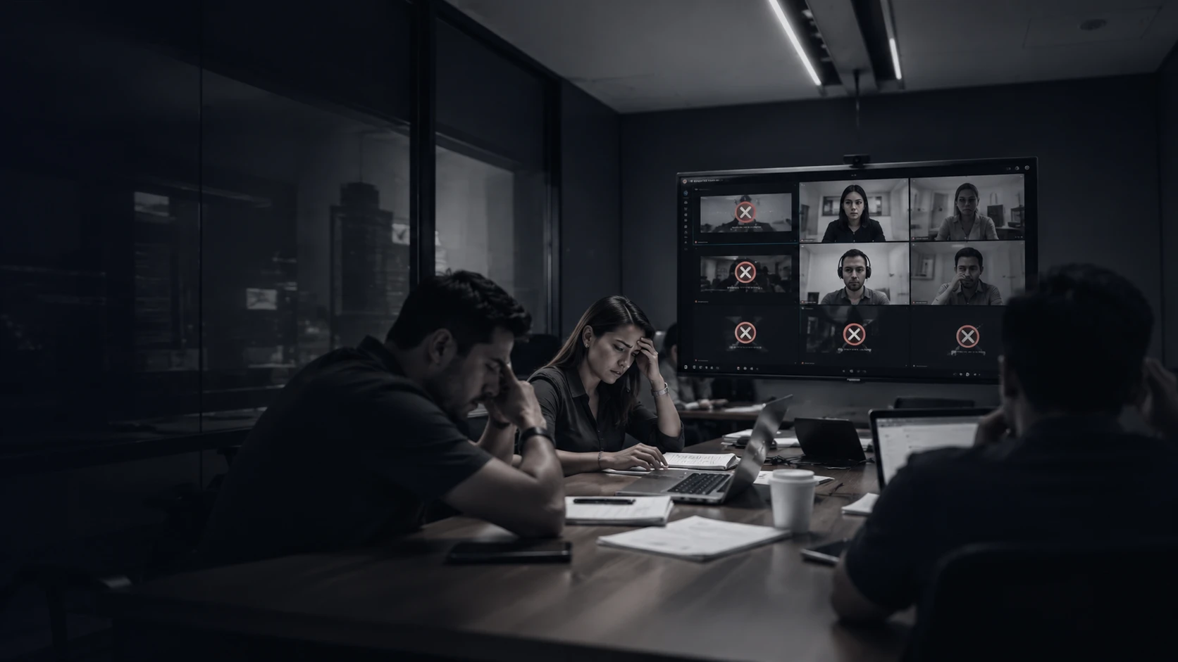 Equipo frustrado en una videollamada con participantes desconectados