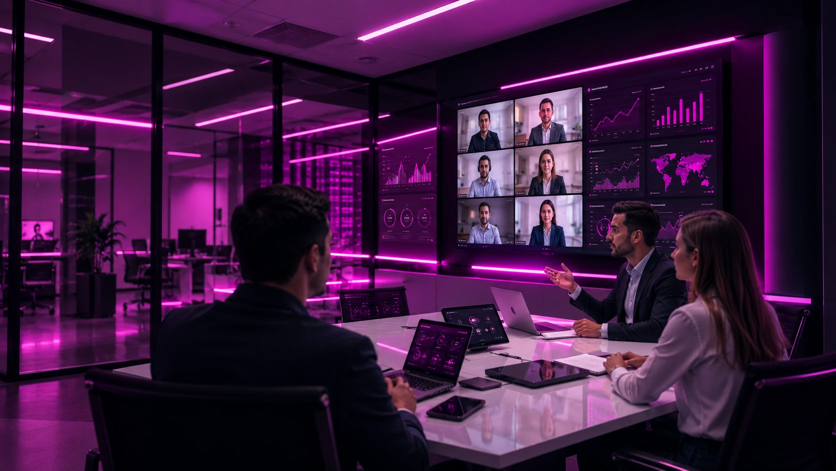 Sala de colaboración conectada con videoconferencia y tableros en pantalla