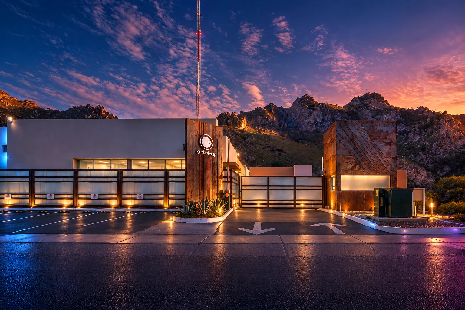 Fachada de las oficinas de Globalvoip al anochecer