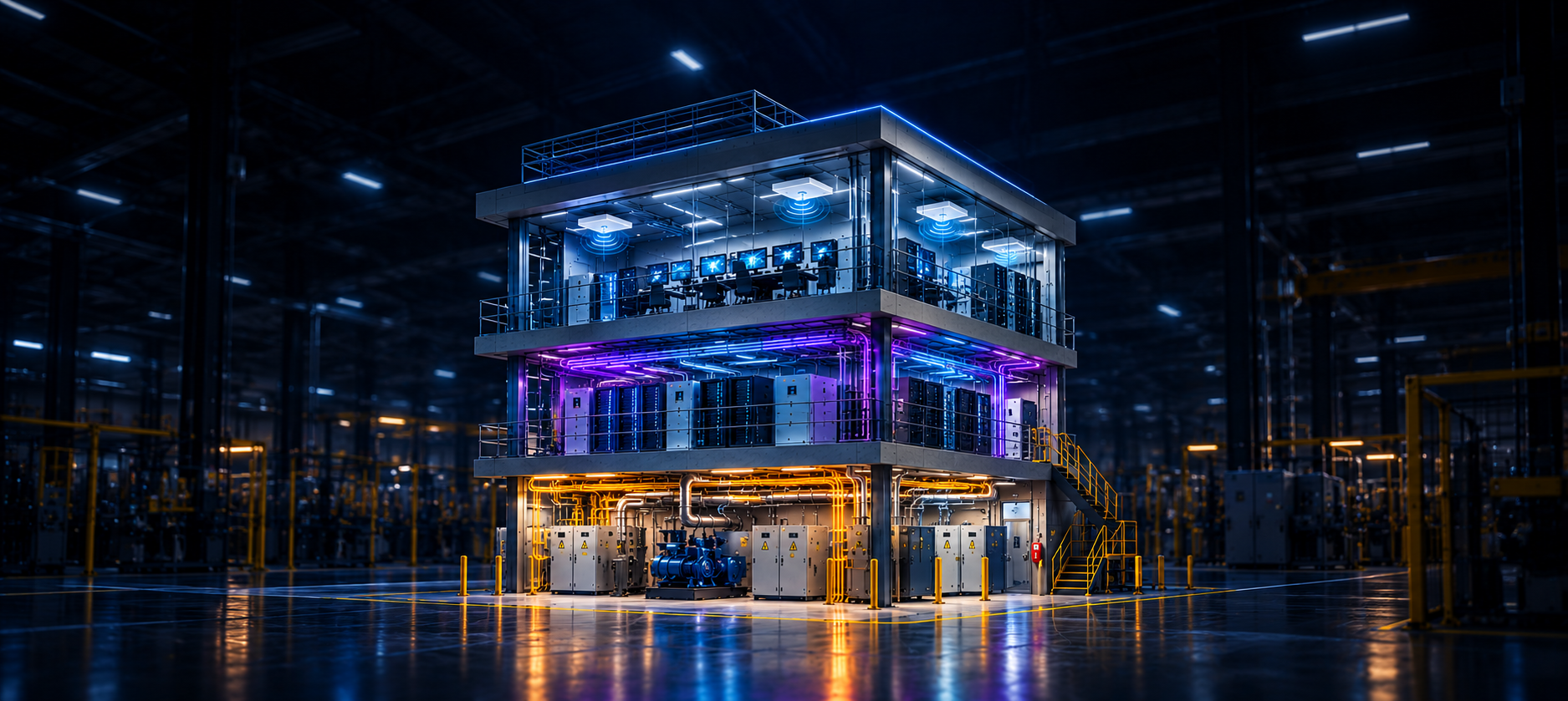 Data Center con niveles conectados de cableado, redes, energía y servidores