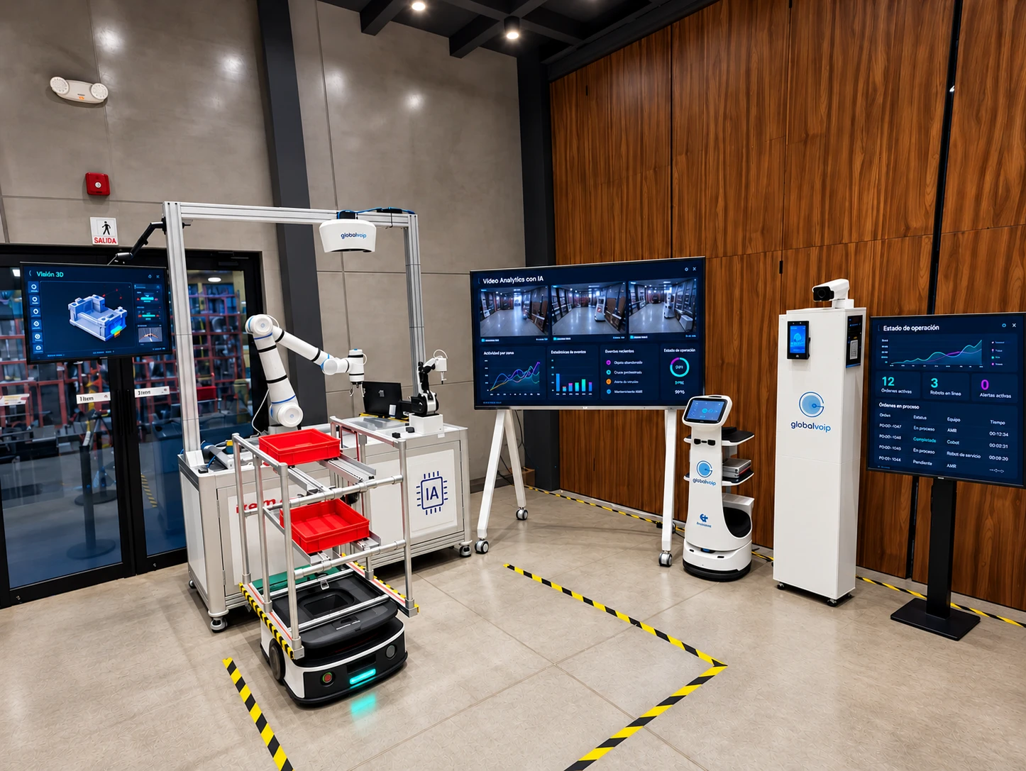 Showroom de robótica de Globalvoip con robot móvil autónomo, brazo colaborativo, sistema de visión 3D, robot de servicio y pantallas de monitoreo