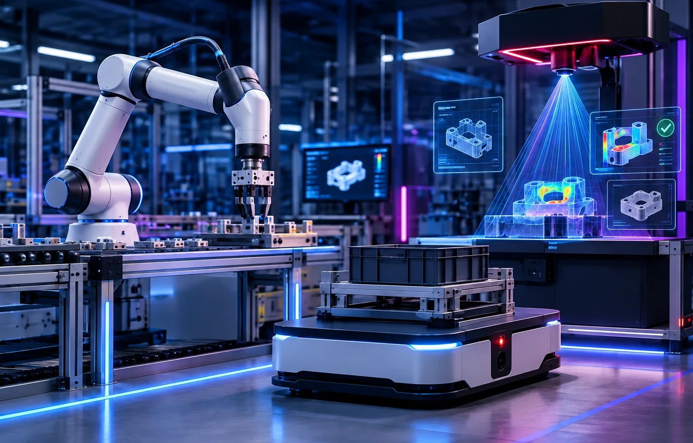 Celda de robótica con brazo colaborativo, robot móvil autónomo y sistema de visión 3D