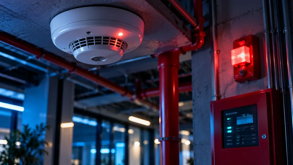 Detector de humo en el techo y panel de alarma contra incendio